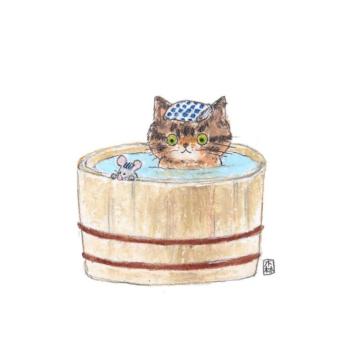 Watercolor artwork of a cat in a wooden bathtub with a towel on its head, adorable artwork for cat lovers.