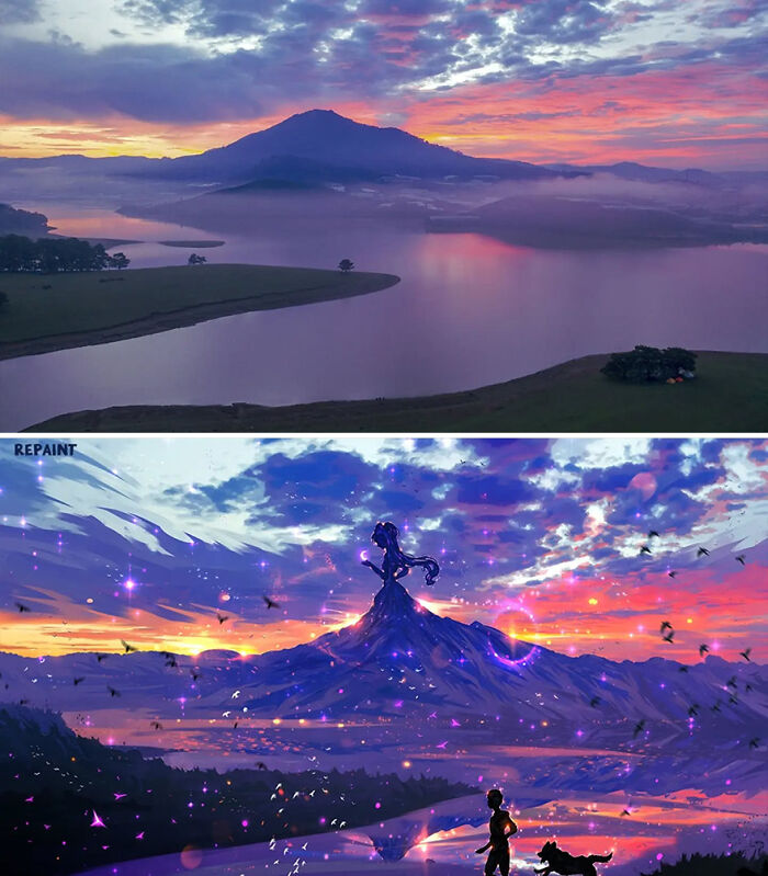 Fantastical worlds revealed by artist repainting photos showing magical mountain and vibrant sky at sunset.