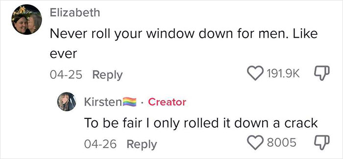 Comments on harassment towards a woman with POTS using a car, discussing caution when rolling car windows down.