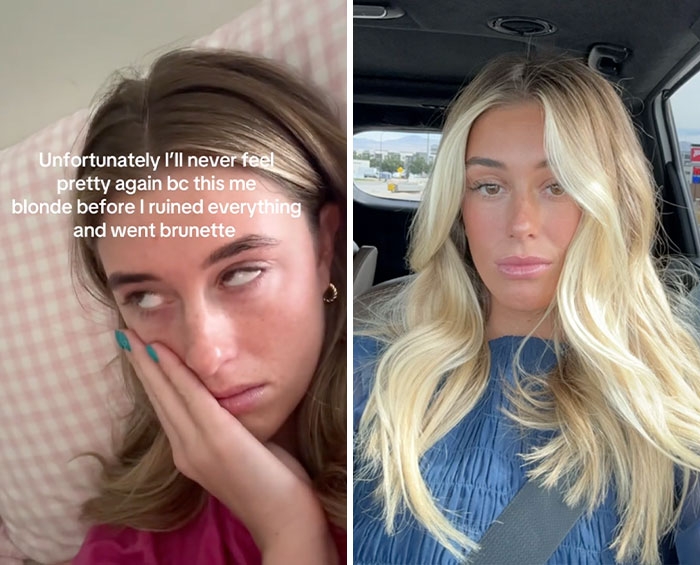 Side-by-side photos of a woman showing glow downs trend with brunette hair and blonde hair.