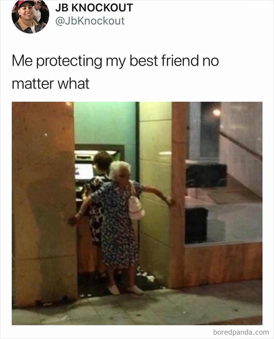 Elderly woman holding a door open to protect her friend using an ATM, funny memes about frustration and meltdown.