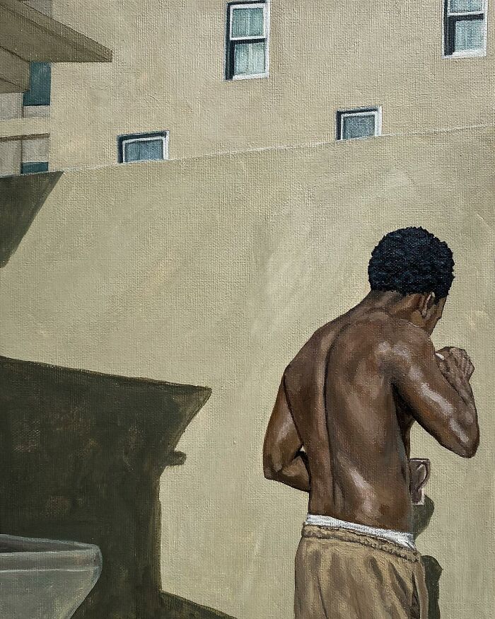 Painting of a shirtless man against a beige wall, showcasing the exploration of colours, space, and identity in art.