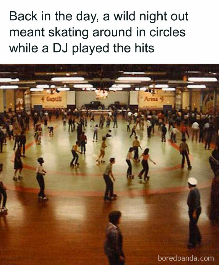Roller skating rink scene from the 80s with people skating as a DJ plays hits, celebrating the good old 80s era.