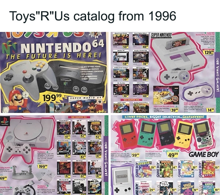 Toys R Us 1996 catalog featuring nostalgic Nintendo 64, Super Nintendo, PlayStation, and Game Boy games and consoles.