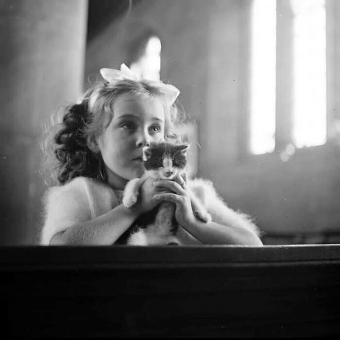 Vintage photo of a young girl holding a kitten, capturing the timeless bond between kids and cats in a tender moment.
