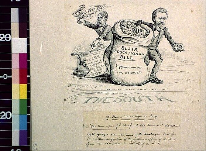 1800s cartoon depicting politicians with Blair Educational Bill and a large money bag labeled for schools in the South.