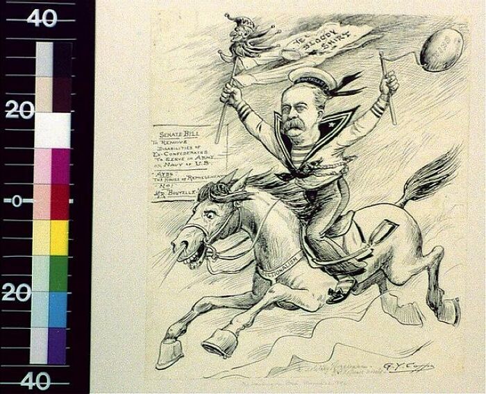 Political cartoon from the 1800s depicting a man on horseback with satire reflecting historical changes in society.