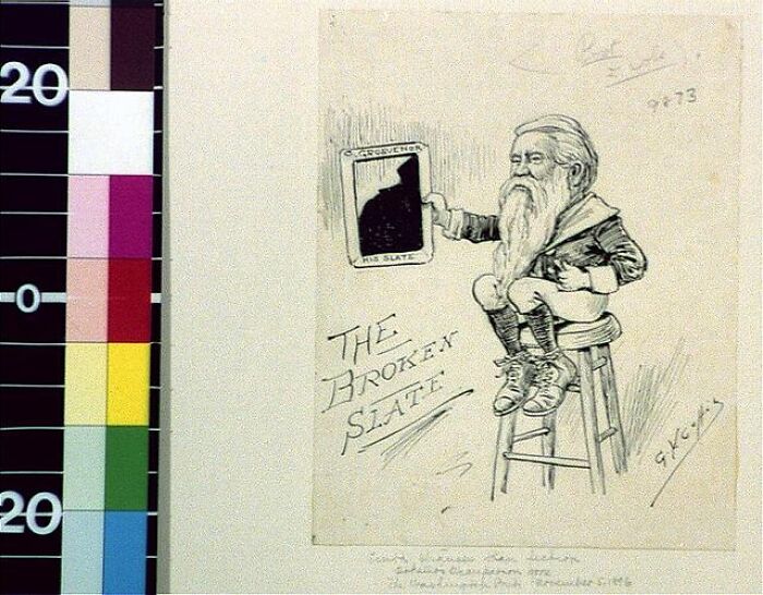 1800s cartoon depicting a bearded man holding a broken slate illustration sat on a tall wooden stool.