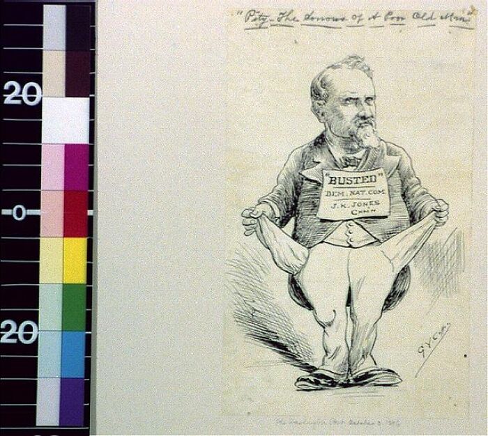 1800s cartoon of a man showing empty pockets, illustrating social or economic issues from that era.