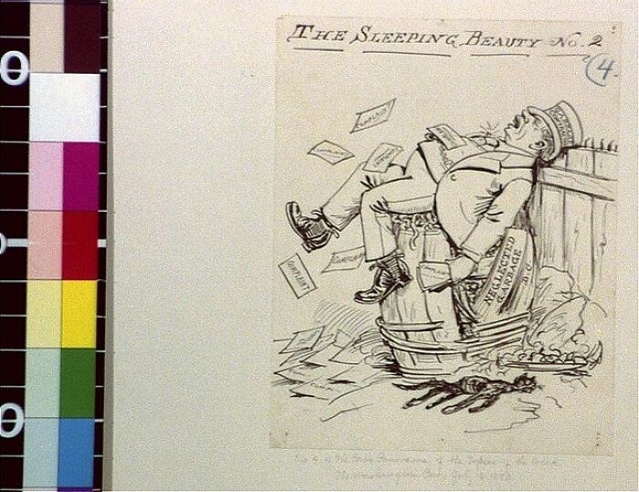 Black and white 1800s cartoon showing a man sleeping on a trash bin with papers scattered around, highlighting world changes.