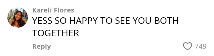 Comment from Kareli Flores expressing happiness to see Miley Cyrus' sister Noah together with someone.