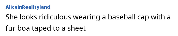 Comment stating she looks ridiculous wearing a baseball cap with fur boa taped to a sheet, related to Kim Kardashian Paris jewelry heist trial.