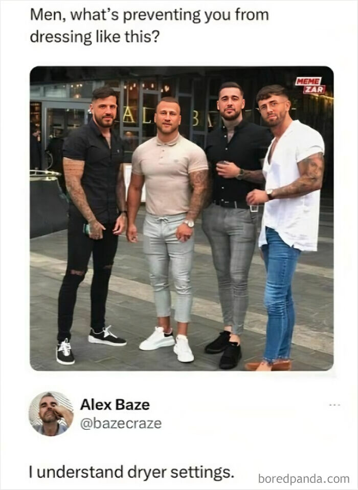 Four men dressed fashionably in tight pants and fitted shirts, paired with a humorous meme about vegan culture.
