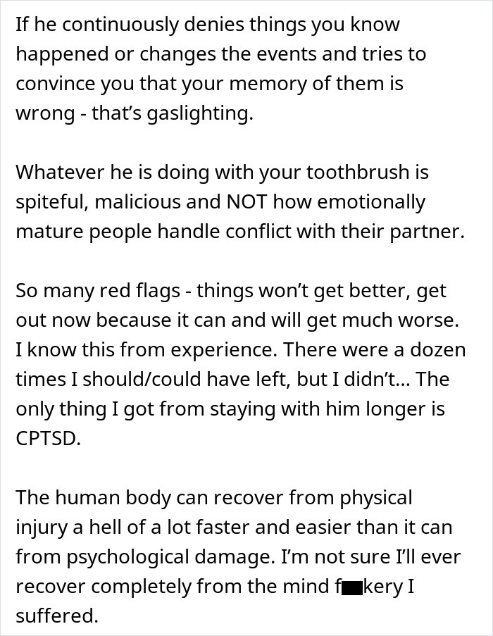 Woman suspects boyfriend is messing with her toothbrush, warning signs of emotional abuse and gaslighting in toxic relationships.
