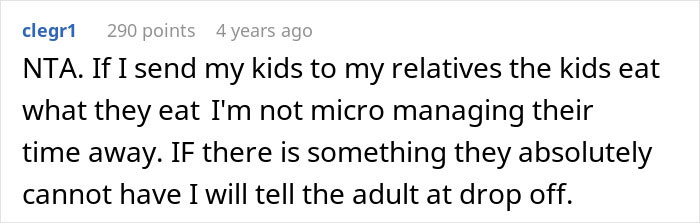 Screenshot of a Reddit comment discussing feeding nieces junk food and managing kids&rsquo; eating habits at relatives&rsquo; homes.