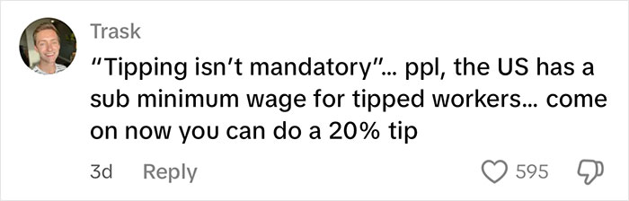 Comment about tipping and minimum wage for tipped workers displayed on a social media post discussing waitress upset after reviewing tips.