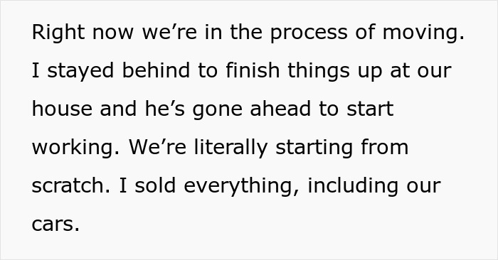 Text excerpt about woman selling everything for cross-country move, husband failing tasks, and public shaming situation.