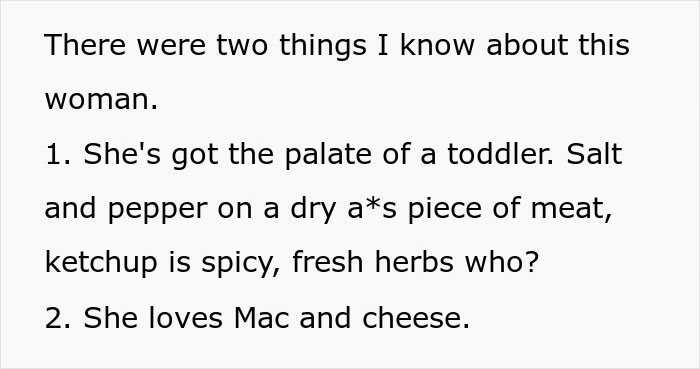 Text excerpt describing a woman&rsquo;s picky food taste including her love for mac and cheese and simple seasonings.