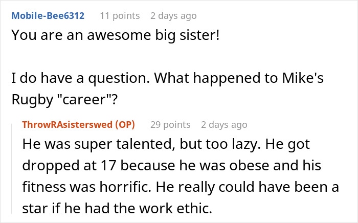 Reddit conversation discussing a couple going ballistic after daughter refuses to invite bully brother to wedding.