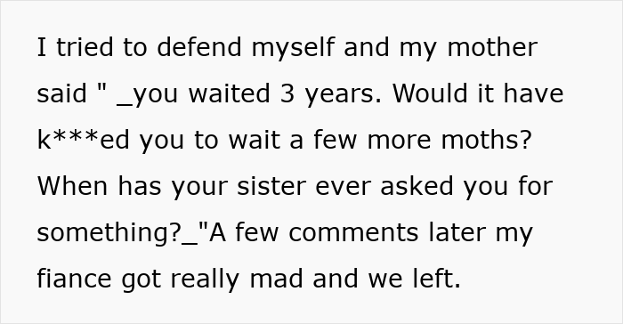 Text excerpt about couple booking wedding venue 3 years in advance and conflict with pregnant sister demanding it.