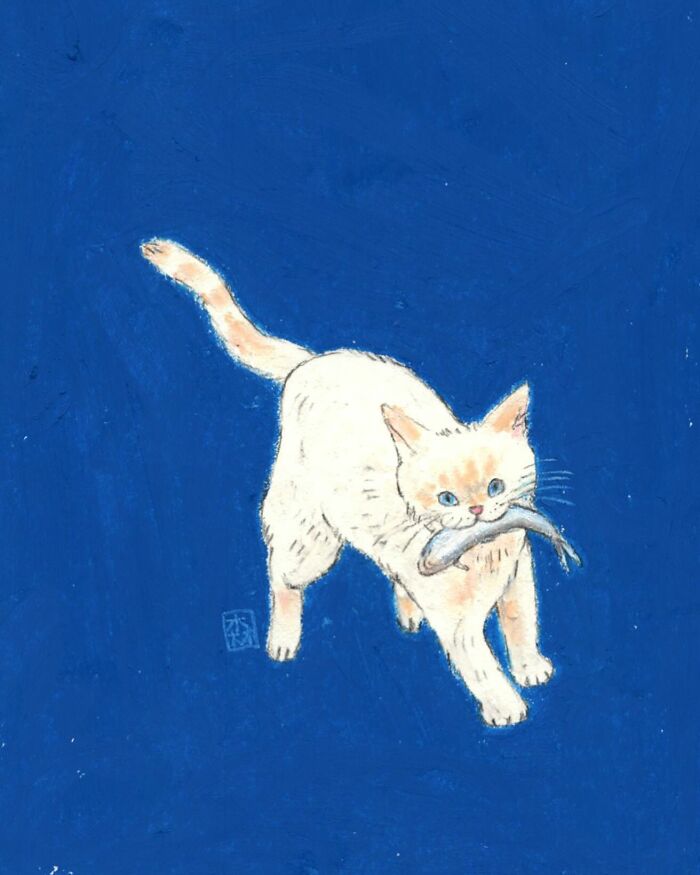 Adorable artwork of a cat carrying a fish, created by a Korean artist with soft colors on a blue background