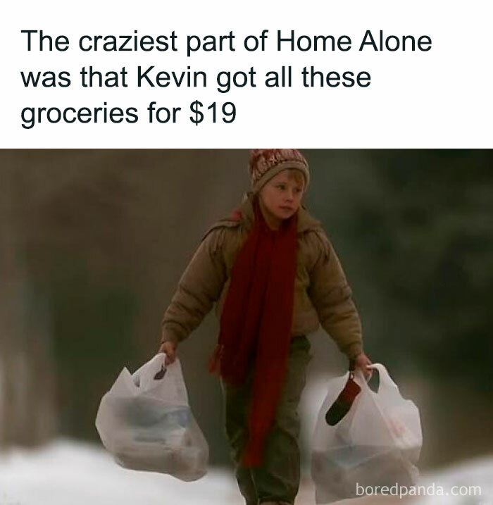 Kid from Home Alone carrying grocery bags, part of hilarious memes collection on Facebook page with funny posts.