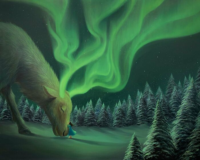 A calming artwork by Mulgil Kim featuring a large deer with green aurora-like light and a small figure in a snowy forest.