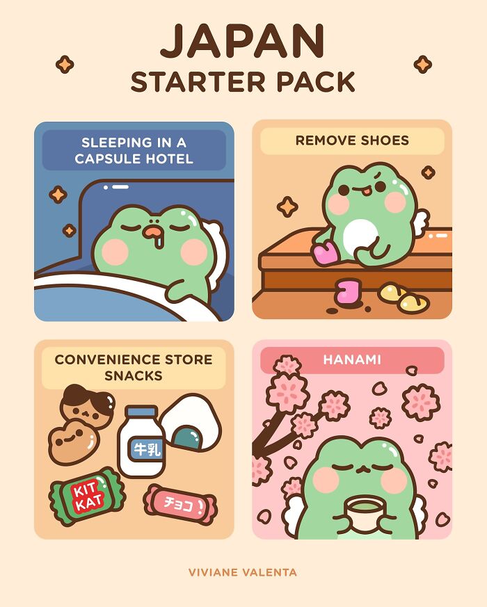 Cute frog illustrations featuring food puns and Japanese culture in a colorful, relatable starter pack design.
