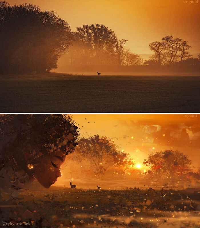 Before and after image showcasing fantastical worlds created by artist repainting photos with surreal elements at sunset.