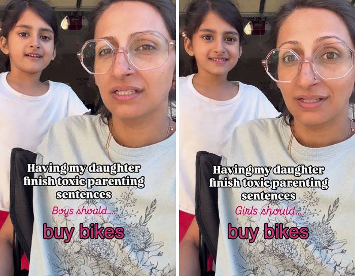 Woman and child together having daughter complete toxic parenting sentences about buying bikes and gender roles