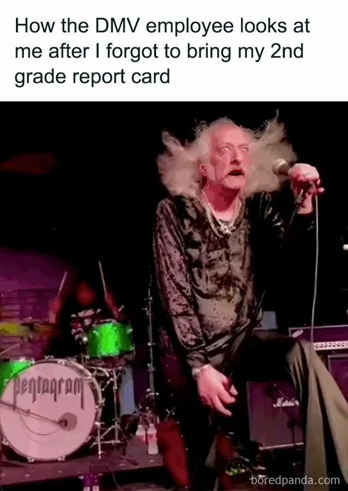 Funny relatable meme showing an exaggerated reaction of a DMV employee in a silly performance scene.