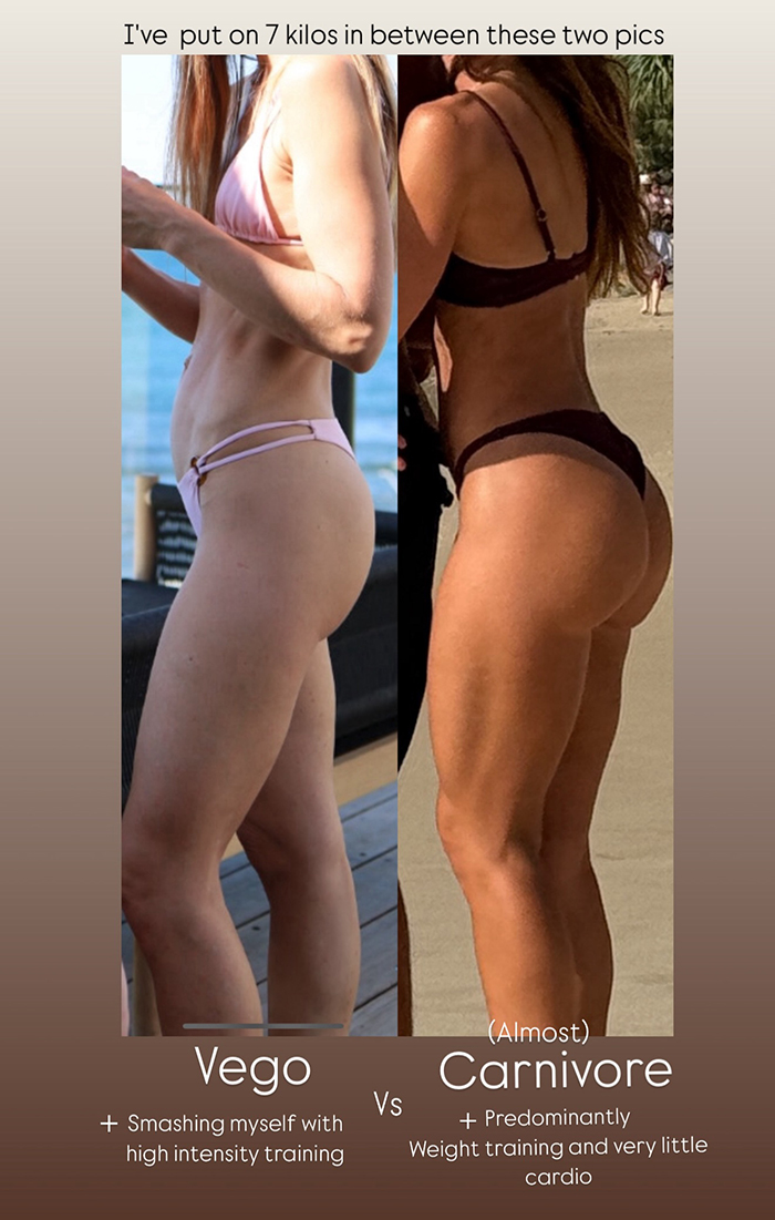 Big Brother star shows stunning body transformation in bikini after switching from veganism to meat diet and weight training.