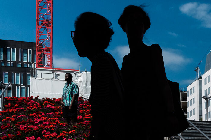 Silhouetted people walking past a man standing near bright red flowers in an urban street photography scene.
