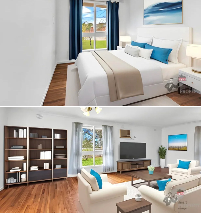 Bright, modern rental bedroom and living room with clean decor, large windows, and stylish furnishings by bad landlords.