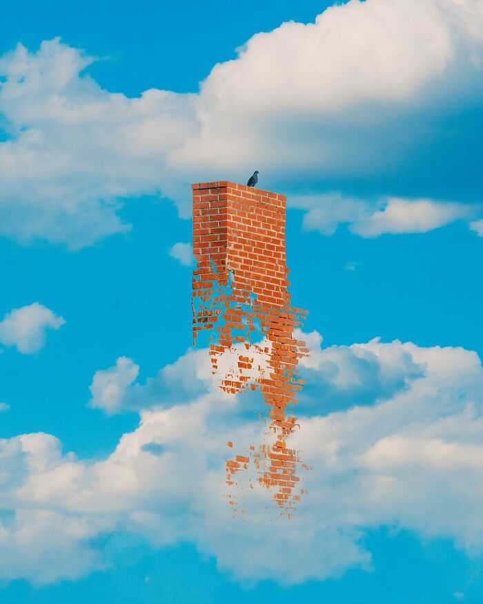 Surreal photo edit of a disintegrating brick chimney floating in the sky with a bird, showcasing creative visual lies.