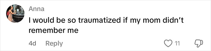 Comment on social media showing emotional reaction about mom giving birth, reflecting on mom waking from surgery unprepared for kids.