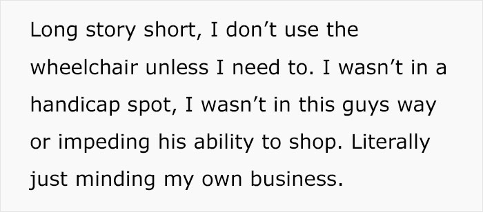 Text image showing a woman with POTS explaining she uses a wheelchair only when necessary and was not in a handicap spot.