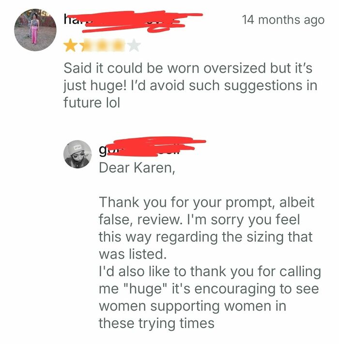 Facebook Marketplace review exchange showing a buyer complaining about oversized item size with a humorous seller response.