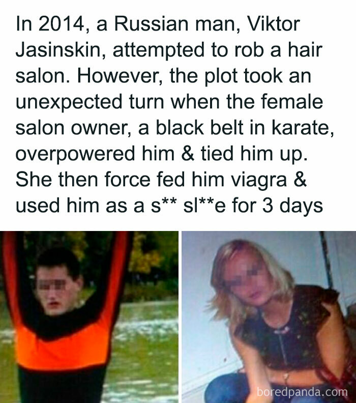 Two blurred individuals pictured alongside text about disturbing and unsettling events that actually happened involving a robbery and kidnapping.