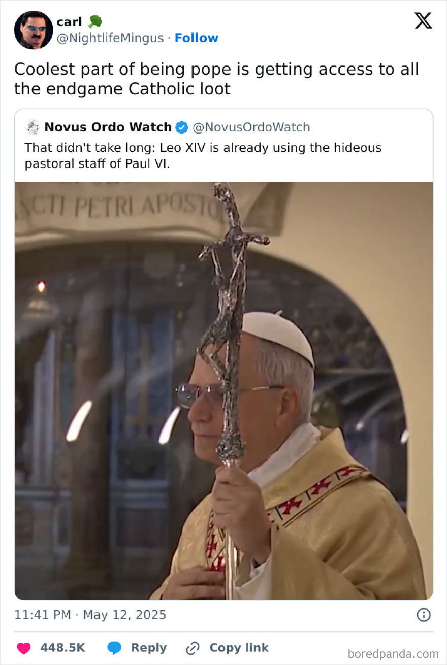 A humorous Twitter post from a comedian about the pope holding an unusual pastoral staff shared online.