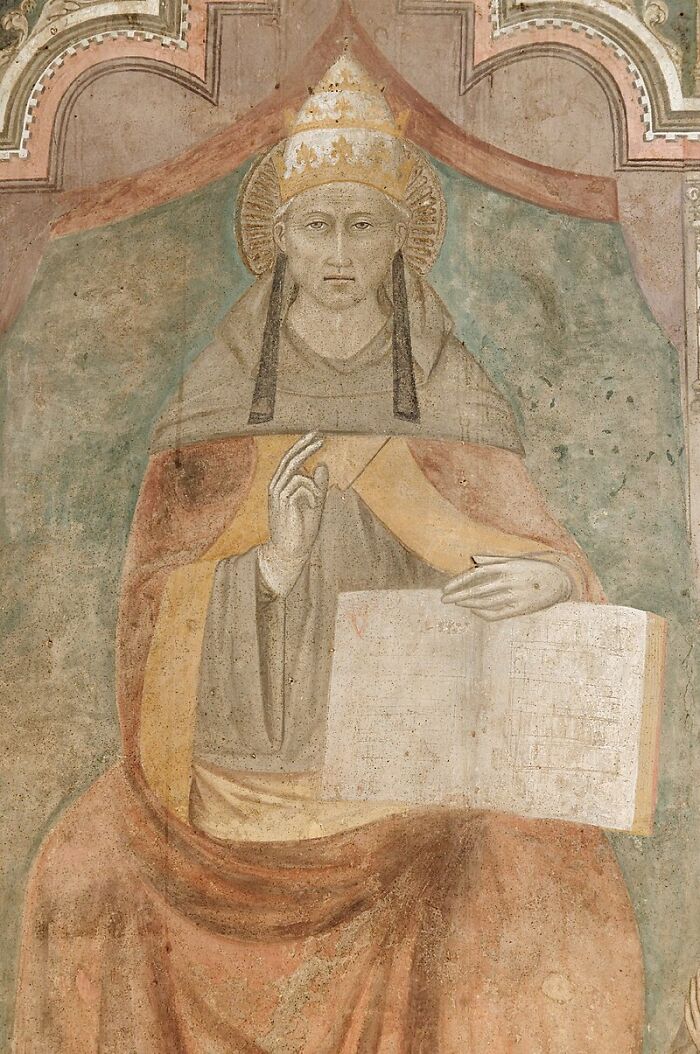 Ancient fresco of a pope holding an open book, illustrating fascinating today I learned historical facts and knowledge.
