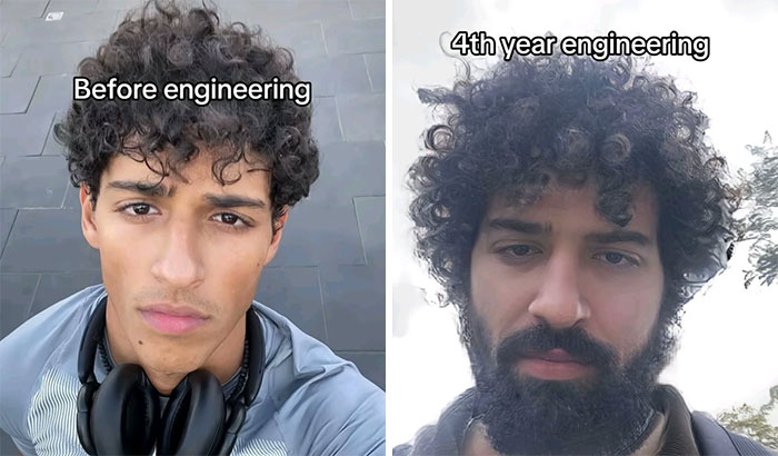Side-by-side before and after pics of an engineering student showing transformation and struggle during engineering studies.