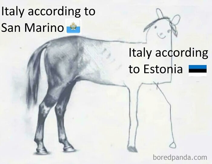 Sketch of a horse drawn realistically from one side and poorly from the other, captioned with Eurovision Song Contest humor.