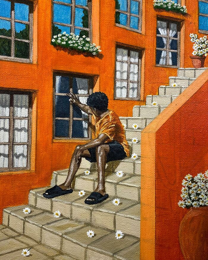 A painting of a person on stairs surrounded by flowers, showcasing the explanation of colours, space, and identity in art.
