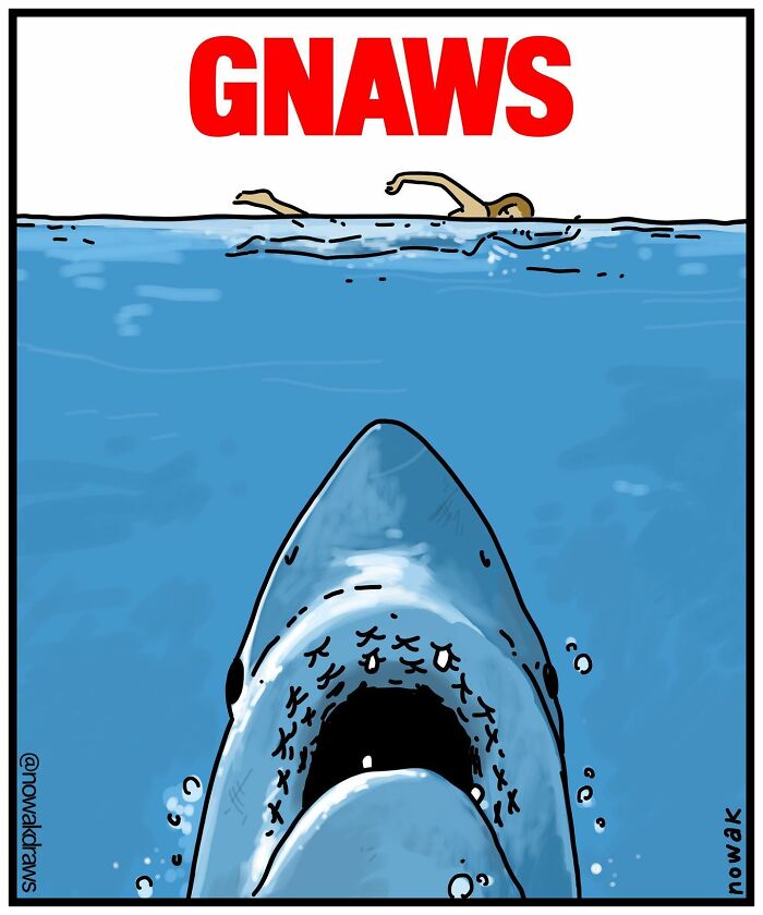 Cartoon showing a swimmer unaware of a large shark approaching, artwork by an artist with a peculiar sense of humor.
