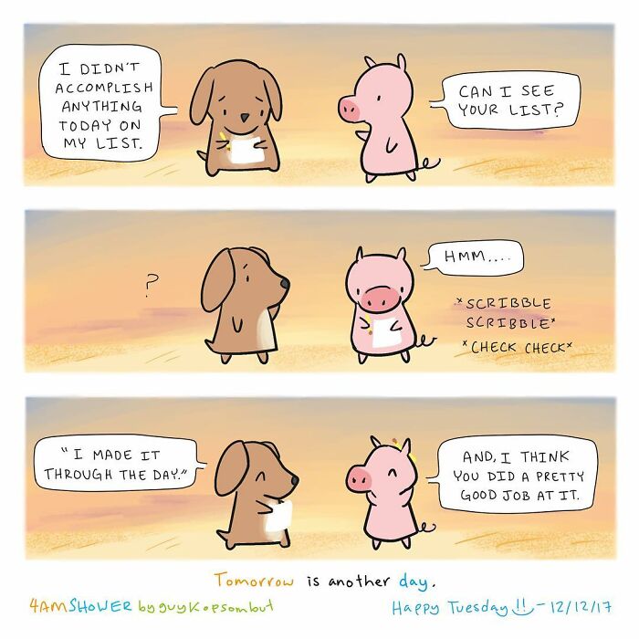 Cute lighthearted animal comic showing a dog and pig sharing an encouraging moment about daily goals.