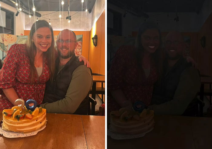 Couple celebrating with a birthday cake featuring a humorous Photoshop edit of the number 30 and 9 candles.