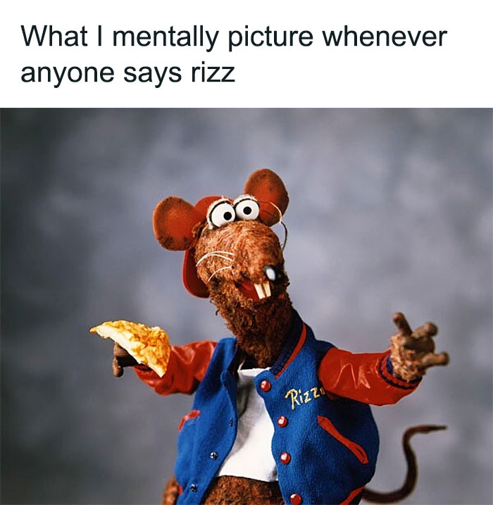 Muppet character Rizzo the Rat wearing a varsity jacket and holding pizza, evoking nostalgic memories of childhood.