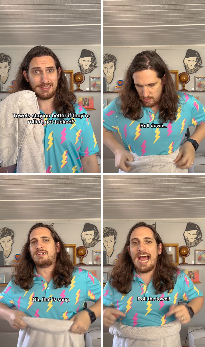 Man demonstrating towel rolling technique for better hold in an indoor setting, sharing helpful life tips.