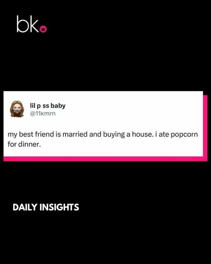 British comedian tweet about contrasting life milestones and eating popcorn for dinner in a humorous daily insight post.